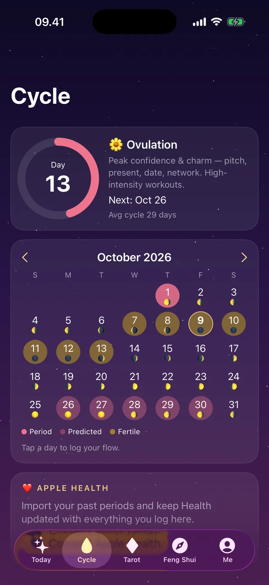 Cycle tab with a calendar of moon phases and period predictions
