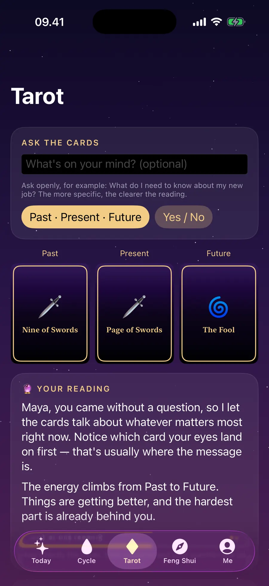 Tarot tab with a Past, Present, Future spread