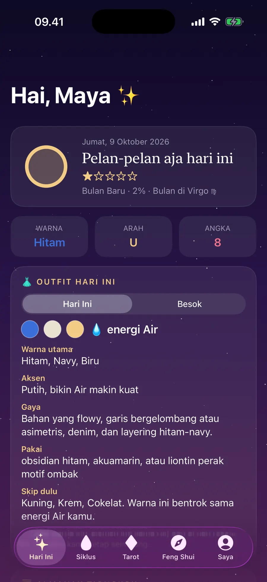 Layar Hari Ini di Astrelle dengan skor hoki, warna, arah, angka hoki, dan outfit hari ini