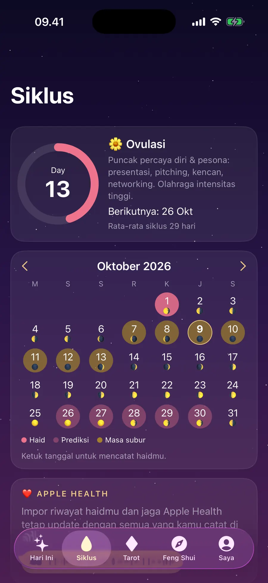 Tab Siklus dengan kalender fase Bulan dan prediksi haid